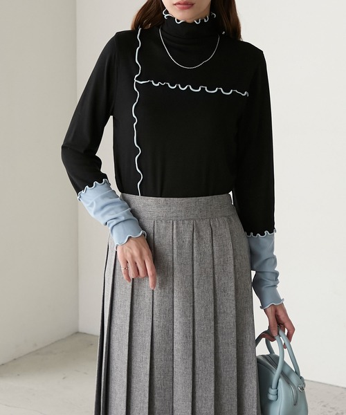 BONLECILL（ボンルシール）の「＜吸湿発熱＞ ハイネック 袖配色メローリブインナー/プルオーバー（Tシャツ/カットソー・レディース・ミント/レッド/ブラック/ホワイト系/オフホワイト/ブルー/チャコールグレー/ブラック系・FREE）」の21枚目の写真