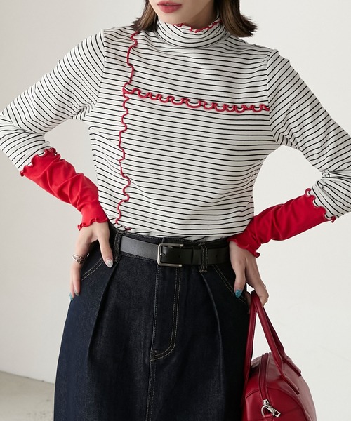 BONLECILL（ボンルシール）の「＜吸湿発熱＞ ハイネック 袖配色メローリブインナー/プルオーバー（Tシャツ/カットソー・レディース・ミント/レッド/ブラック/ホワイト系/オフホワイト/ブルー/チャコールグレー/ブラック系・FREE）」の11枚目の写真