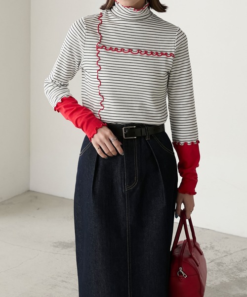 BONLECILL（ボンルシール）の「＜吸湿発熱＞ ハイネック 袖配色メローリブインナー/プルオーバー（Tシャツ/カットソー・レディース・ミント/レッド/ブラック/ホワイト系/オフホワイト/ブルー/チャコールグレー/ブラック系・FREE）」の12枚目の写真