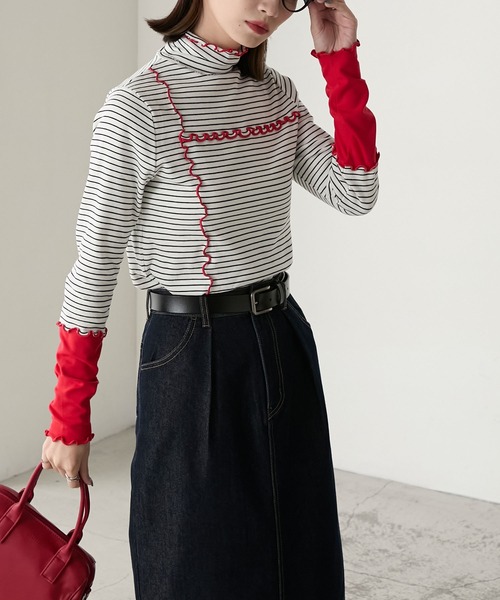 BONLECILL（ボンルシール）の「＜吸湿発熱＞ ハイネック 袖配色メローリブインナー/プルオーバー（Tシャツ/カットソー・レディース・ミント/レッド/ブラック/ホワイト系/オフホワイト/ブルー/チャコールグレー/ブラック系・FREE）」の13枚目の写真