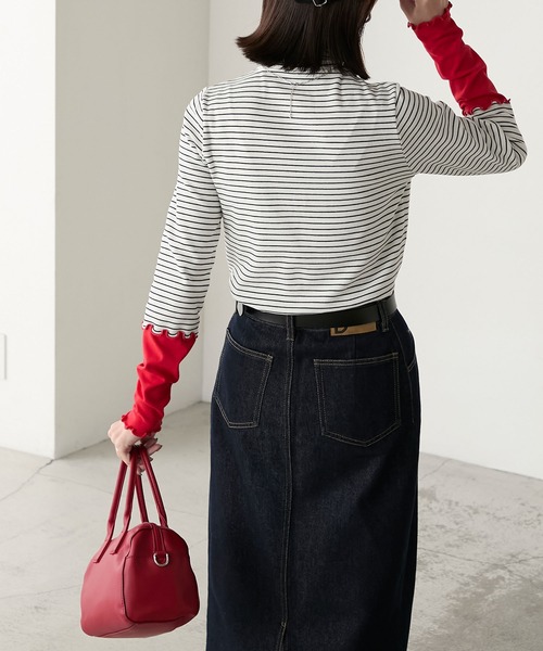 BONLECILL（ボンルシール）の「＜吸湿発熱＞ ハイネック 袖配色メローリブインナー/プルオーバー（Tシャツ/カットソー・レディース・ミント/レッド/ブラック/ホワイト系/オフホワイト/ブルー/チャコールグレー/ブラック系・FREE）」の14枚目の写真