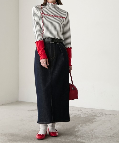 BONLECILL（ボンルシール）の「＜吸湿発熱＞ ハイネック 袖配色メローリブインナー/プルオーバー（Tシャツ/カットソー・レディース・ミント/レッド/ブラック/ホワイト系/オフホワイト/ブルー/チャコールグレー/ブラック系・FREE）」の15枚目の写真