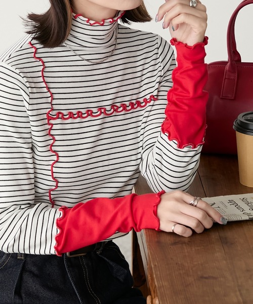 BONLECILL（ボンルシール）の「＜吸湿発熱＞ ハイネック 袖配色メローリブインナー/プルオーバー（Tシャツ/カットソー・レディース・ミント/レッド/ブラック/ホワイト系/オフホワイト/ブルー/チャコールグレー/ブラック系・FREE）」の17枚目の写真