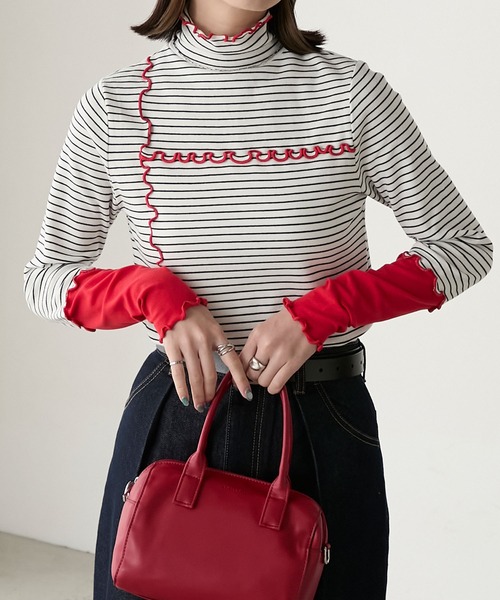 BONLECILL（ボンルシール）の「＜吸湿発熱＞ ハイネック 袖配色メローリブインナー/プルオーバー（Tシャツ/カットソー・レディース・ミント/レッド/ブラック/ホワイト系/オフホワイト/ブルー/チャコールグレー/ブラック系・FREE）」の18枚目の写真