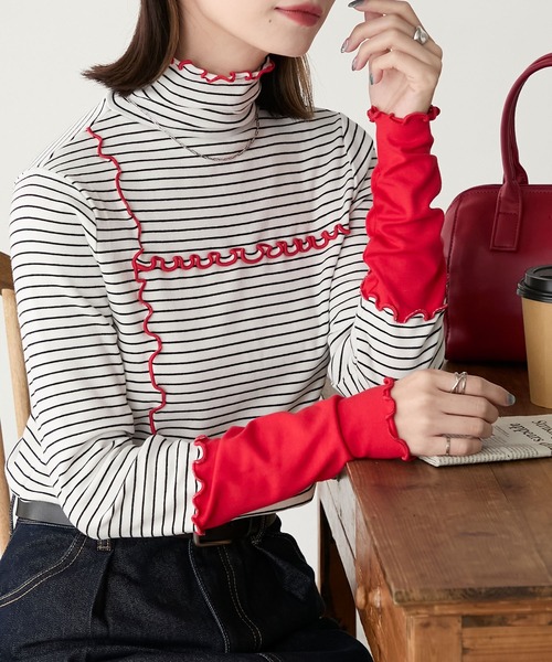 BONLECILL（ボンルシール）の「＜吸湿発熱＞ ハイネック 袖配色メローリブインナー/プルオーバー（Tシャツ/カットソー・レディース・ミント/レッド/ブラック/ホワイト系/オフホワイト/ブルー/チャコールグレー/ブラック系・FREE）」の19枚目の写真