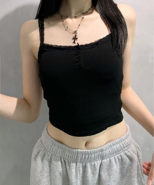 lilful（リルフル）の「【カップ付き】ヘンリーネック レース リブ加工 キャミソール（キャミソール・レディース・ホワイト/グリーン/ブラック/ライトピンク/グレー・F）」の3枚目の写真