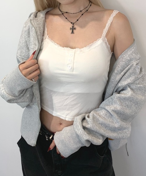 lilful（リルフル）の「【カップ付き】ヘンリーネック レース リブ加工 キャミソール（キャミソール・レディース・ホワイト/グリーン/ブラック/ライトピンク/グレー・F）」の12枚目の写真