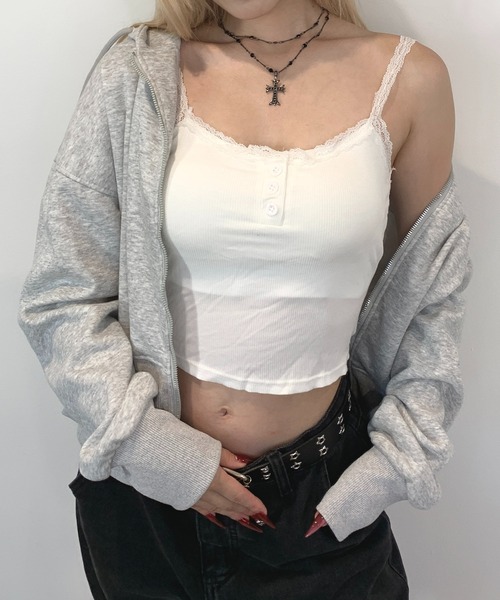 lilful（リルフル）の「【カップ付き】ヘンリーネック レース リブ加工 キャミソール（キャミソール・レディース・ホワイト/グリーン/ブラック/ライトピンク/グレー・F）」の13枚目の写真