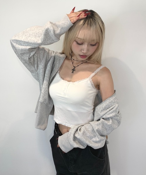 lilful（リルフル）の「【カップ付き】ヘンリーネック レース リブ加工 キャミソール（キャミソール・レディース・ホワイト/グリーン/ブラック/ライトピンク/グレー・F）」の16枚目の写真