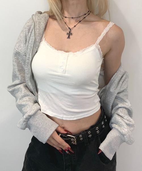 lilful（リルフル）の「【カップ付き】ヘンリーネック レース リブ加工 キャミソール（キャミソール・レディース・ホワイト/グリーン/ブラック/ライトピンク/グレー・F）」の14枚目の写真