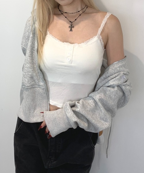 lilful（リルフル）の「【カップ付き】ヘンリーネック レース リブ加工 キャミソール（キャミソール・レディース・ホワイト/グリーン/ブラック/ライトピンク/グレー・F）」の10枚目の写真