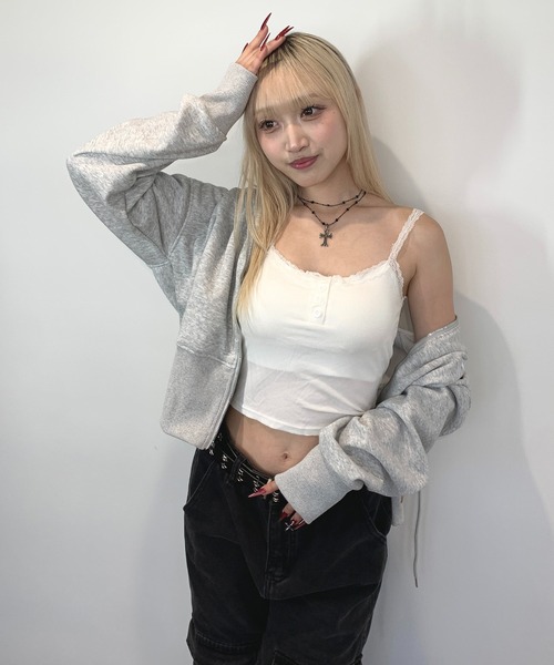 lilful（リルフル）の「【カップ付き】ヘンリーネック レース リブ加工 キャミソール（キャミソール・レディース・ホワイト/グリーン/ブラック/ライトピンク/グレー・F）」の11枚目の写真