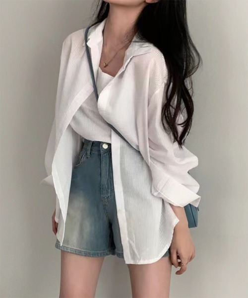 by muni:r（バイ ムニール）の「シアーストライプキャミソール+シャツSET（シャツ/ブラウス・レディース・ホワイト/ブルー・FREE）」の6枚目の写真