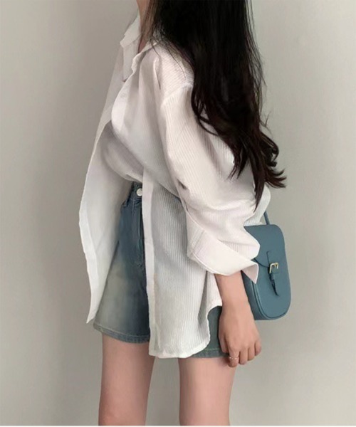 by muni:r（バイ ムニール）の「シアーストライプキャミソール+シャツSET（シャツ/ブラウス・レディース・ホワイト/ブルー・FREE）」の7枚目の写真