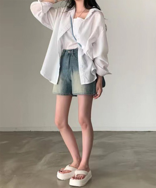 by muni:r（バイ ムニール）の「シアーストライプキャミソール+シャツSET（シャツ/ブラウス・レディース・ホワイト/ブルー・FREE）」の8枚目の写真