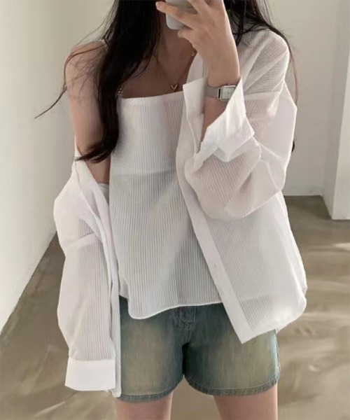 by muni:r（バイ ムニール）の「シアーストライプキャミソール+シャツSET（シャツ/ブラウス・レディース・ホワイト/ブルー・FREE）」の11枚目の写真