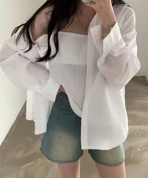 by muni:r（バイ ムニール）の「シアーストライプキャミソール+シャツSET（シャツ/ブラウス・レディース・ホワイト/ブルー・FREE）」の12枚目の写真