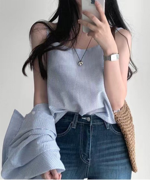 by muni:r（バイ ムニール）の「シアーストライプキャミソール+シャツSET（シャツ/ブラウス・レディース・ホワイト/ブルー・FREE）」の14枚目の写真