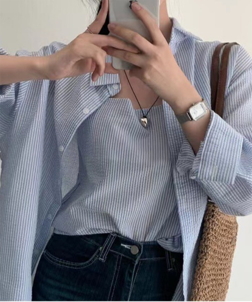 by muni:r（バイ ムニール）の「シアーストライプキャミソール+シャツSET（シャツ/ブラウス・レディース・ホワイト/ブルー・FREE）」の15枚目の写真