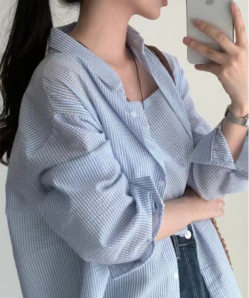 by muni:r（バイ ムニール）の「シアーストライプキャミソール+シャツSET（シャツ/ブラウス・レディース・ホワイト/ブルー・FREE）」の16枚目の写真