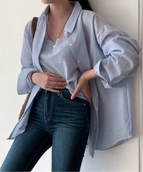 by muni:r（バイ ムニール）の「シアーストライプキャミソール+シャツSET（シャツ/ブラウス・レディース・ホワイト/ブルー・FREE）」の17枚目の写真