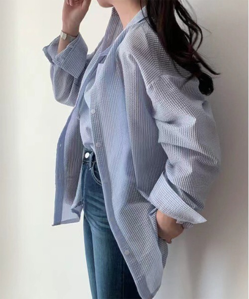 by muni:r（バイ ムニール）の「シアーストライプキャミソール+シャツSET（シャツ/ブラウス・レディース・ホワイト/ブルー・FREE）」の18枚目の写真