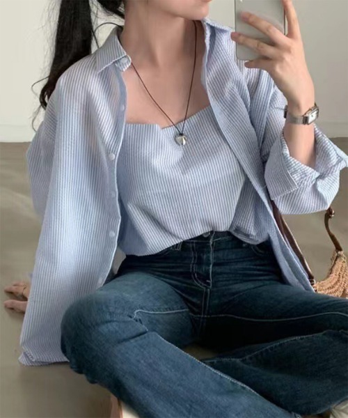 by muni:r（バイ ムニール）の「シアーストライプキャミソール+シャツSET（シャツ/ブラウス・レディース・ホワイト/ブルー・FREE）」の19枚目の写真