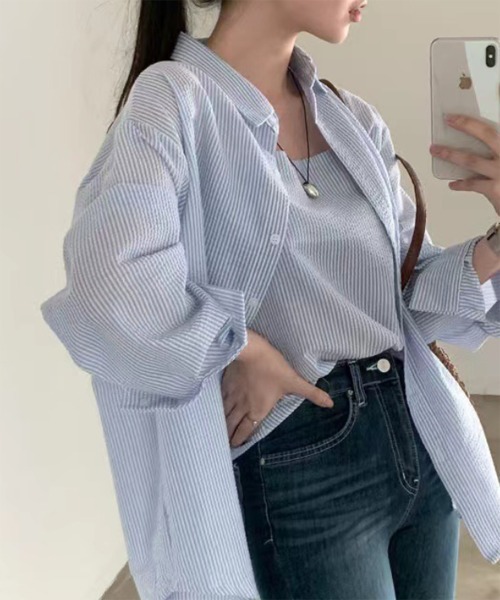 by muni:r（バイ ムニール）の「シアーストライプキャミソール+シャツSET（シャツ/ブラウス・レディース・ホワイト/ブルー・FREE）」の21枚目の写真