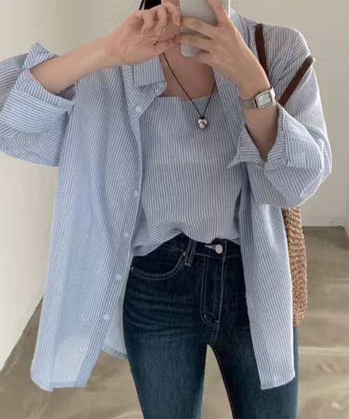 by muni:r（バイ ムニール）の「シアーストライプキャミソール+シャツSET（シャツ/ブラウス・レディース・ホワイト/ブルー・FREE）」の22枚目の写真