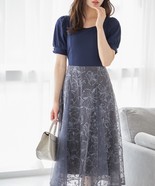 【セール】袖口パール付きフラワーレース切り替えドッキングワンピース（ワンピース）｜tocco closet（トッコ クローゼット）