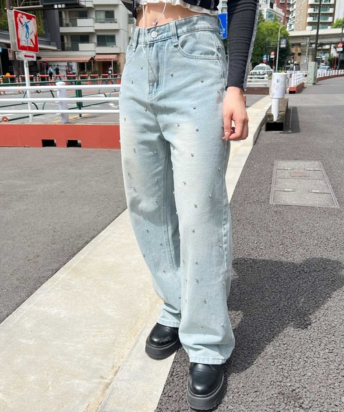 セール】ビジュー付きデニムパンツ（デニムパンツ）｜frunco