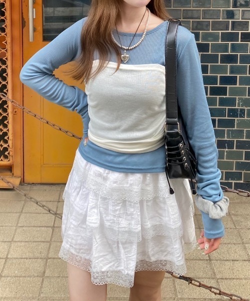 nemne store（ネンネストア）の「【Seoup】バックリボンドッキングトップス（Tシャツ/カットソー・レディース・ブルー/アイボリー・フリー）」の11枚目の写真