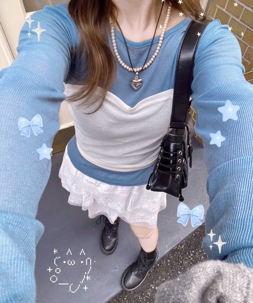 nemne store（ネンネストア）の「【Seoup】バックリボンドッキングトップス（Tシャツ/カットソー・レディース・ブルー/アイボリー・フリー）」の13枚目の写真