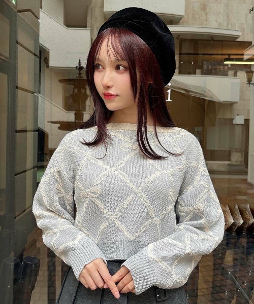 F i.n.t(フィント)の「リボンチェック柄ジャガードプルオーバー/fint(ニット/セーター・レディース・ピンク系その他/ホワイト×ライトグレー・FREE)」の2枚目の写真