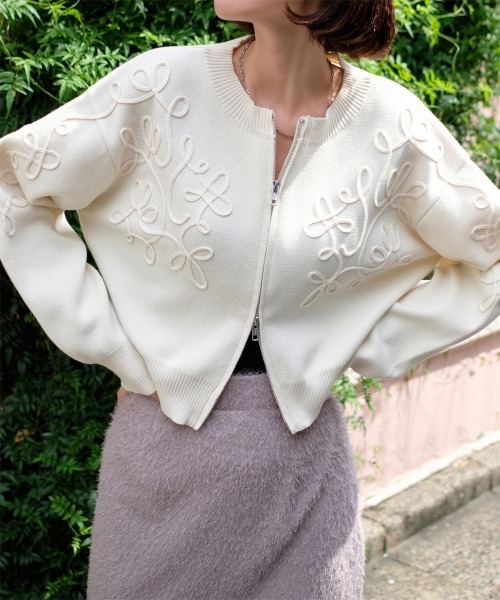 セール】ニュアンスコード刺繍 ダブルジップラインニットカーディガン