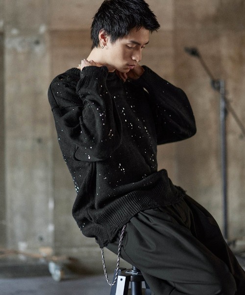 セール】ダメージ加工クルーネックニット（ニット/セーター