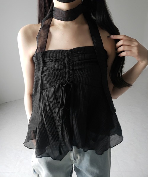 me+em select（ミームセレクト）の「【 チョーカータイ付 】シャーリングリボンペプラムシフォンビスチェトップス ／ choker tie set shirring ribbon peplum chiffon bustier tops（シャツ/ブラウス・レディース・ホワイト/ブラック・FREE）」の5枚目の写真