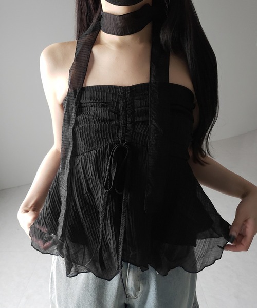 me+em select（ミームセレクト）の「【 チョーカータイ付 】シャーリングリボンペプラムシフォンビスチェトップス ／ choker tie set shirring ribbon peplum chiffon bustier tops（シャツ/ブラウス・レディース・ホワイト/ブラック・FREE）」の6枚目の写真