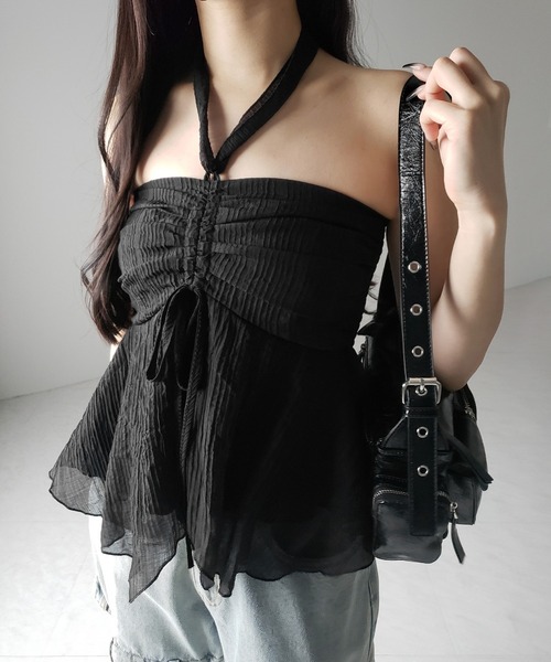 me+em select（ミームセレクト）の「【 チョーカータイ付 】シャーリングリボンペプラムシフォンビスチェトップス ／ choker tie set shirring ribbon peplum chiffon bustier tops（シャツ/ブラウス・レディース・ホワイト/ブラック・FREE）」の8枚目の写真