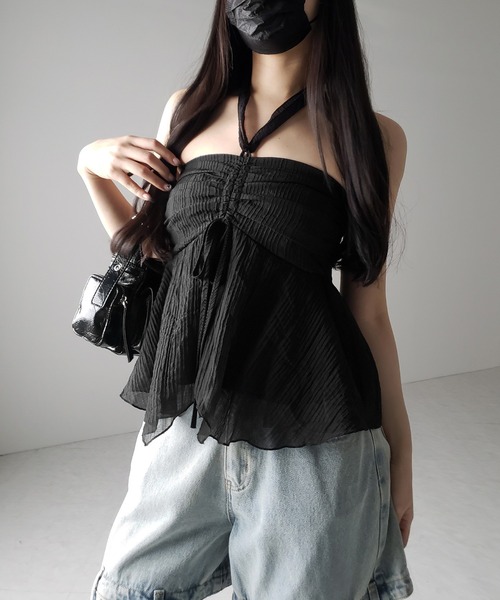 me+em select（ミームセレクト）の「【 チョーカータイ付 】シャーリングリボンペプラムシフォンビスチェトップス ／ choker tie set shirring ribbon peplum chiffon bustier tops（シャツ/ブラウス・レディース・ホワイト/ブラック・FREE）」の9枚目の写真