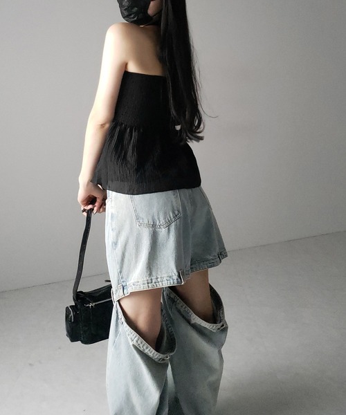 me+em select（ミームセレクト）の「【 チョーカータイ付 】シャーリングリボンペプラムシフォンビスチェトップス ／ choker tie set shirring ribbon peplum chiffon bustier tops（シャツ/ブラウス・レディース・ホワイト/ブラック・FREE）」の10枚目の写真