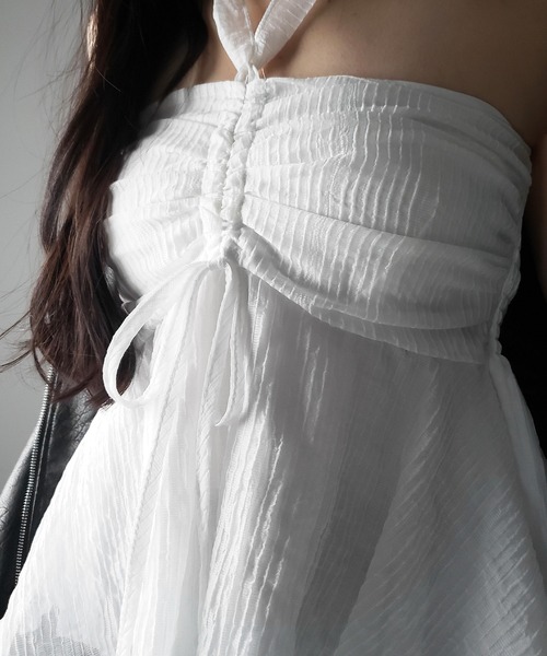 me+em select（ミームセレクト）の「【 チョーカータイ付 】シャーリングリボンペプラムシフォンビスチェトップス ／ choker tie set shirring ribbon peplum chiffon bustier tops（シャツ/ブラウス・レディース・ホワイト/ブラック・FREE）」の15枚目の写真