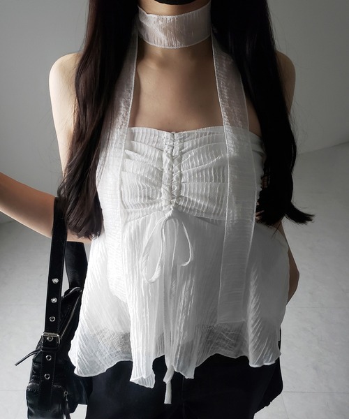 me+em select（ミームセレクト）の「【 チョーカータイ付 】シャーリングリボンペプラムシフォンビスチェトップス ／ choker tie set shirring ribbon peplum chiffon bustier tops（シャツ/ブラウス・レディース・ホワイト/ブラック・FREE）」の17枚目の写真