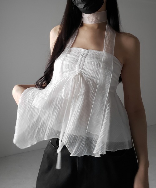 me+em select（ミームセレクト）の「【 チョーカータイ付 】シャーリングリボンペプラムシフォンビスチェトップス ／ choker tie set shirring ribbon peplum chiffon bustier tops（シャツ/ブラウス・レディース・ホワイト/ブラック・FREE）」の18枚目の写真