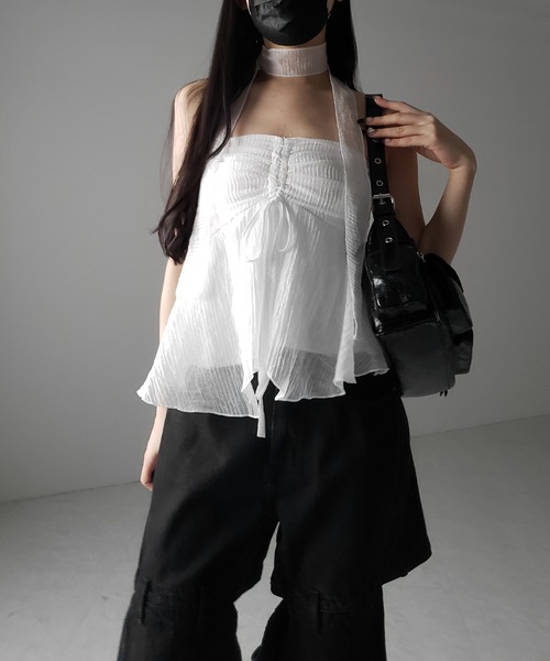 me+em select（ミームセレクト）の「【 チョーカータイ付 】シャーリングリボンペプラムシフォンビスチェトップス ／ choker tie set shirring ribbon peplum chiffon bustier tops（シャツ/ブラウス・レディース・ホワイト/ブラック・FREE）」の19枚目の写真