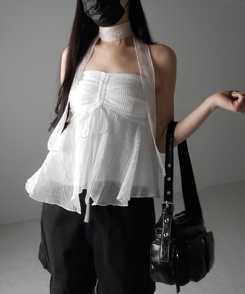 me+em select（ミームセレクト）の「【 チョーカータイ付 】シャーリングリボンペプラムシフォンビスチェトップス ／ choker tie set shirring ribbon peplum chiffon bustier tops（シャツ/ブラウス・レディース・ホワイト/ブラック・FREE）」の20枚目の写真