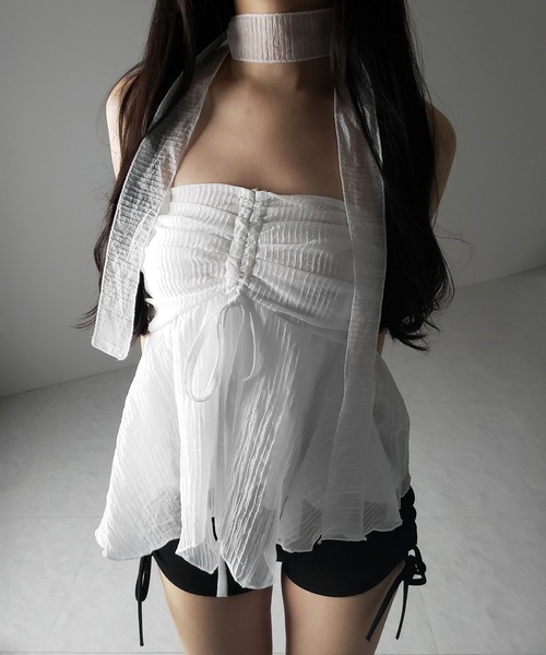 me+em select（ミームセレクト）の「【 チョーカータイ付 】シャーリングリボンペプラムシフォンビスチェトップス ／ choker tie set shirring ribbon peplum chiffon bustier tops（シャツ/ブラウス・レディース・ホワイト/ブラック・FREE）」の21枚目の写真