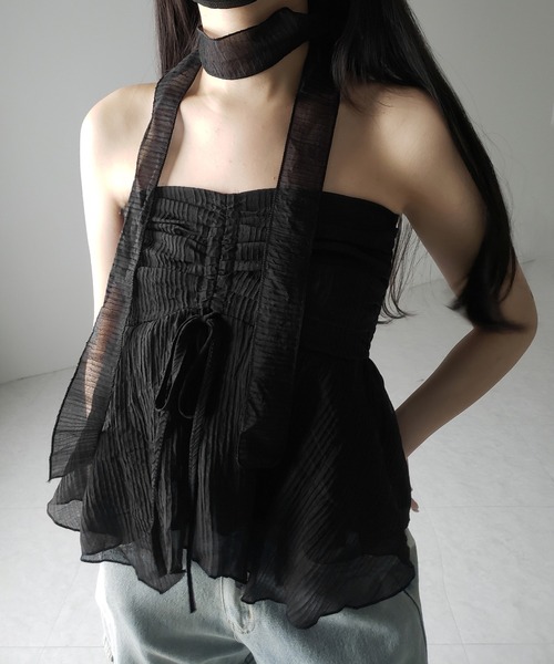 me+em select（ミームセレクト）の「【 チョーカータイ付 】シャーリングリボンペプラムシフォンビスチェトップス ／ choker tie set shirring ribbon peplum chiffon bustier tops（シャツ/ブラウス・レディース・ホワイト/ブラック・FREE）」の4枚目の写真
