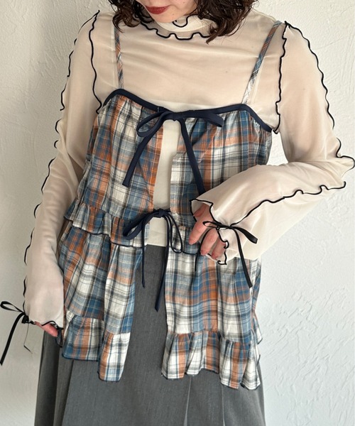kutir（クティール）の「チェックリボンフリルビスチェ（その他トップス・レディース・ブルー/ベージュ/レッド/ブラウン/ライトグリーン/ブルー系その他・FREE）」の5枚目の写真