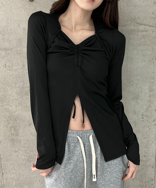GLAMOROUS JANE（グラマラスジェーン）の「フロントシャーリング長袖トップス（Tシャツ/カットソー・レディース・ブラウン/ブラック・FREE）」の3枚目の写真